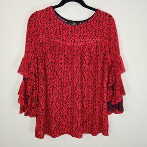 Suzanne Betro Red Black Velvet Burnout Ruffle Flutter Bell Sleeve MEDIUM